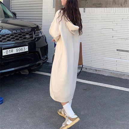 正品慵懒风针织连帽长袖连衣裙女秋冬2024新款Q宽松中长款过膝毛