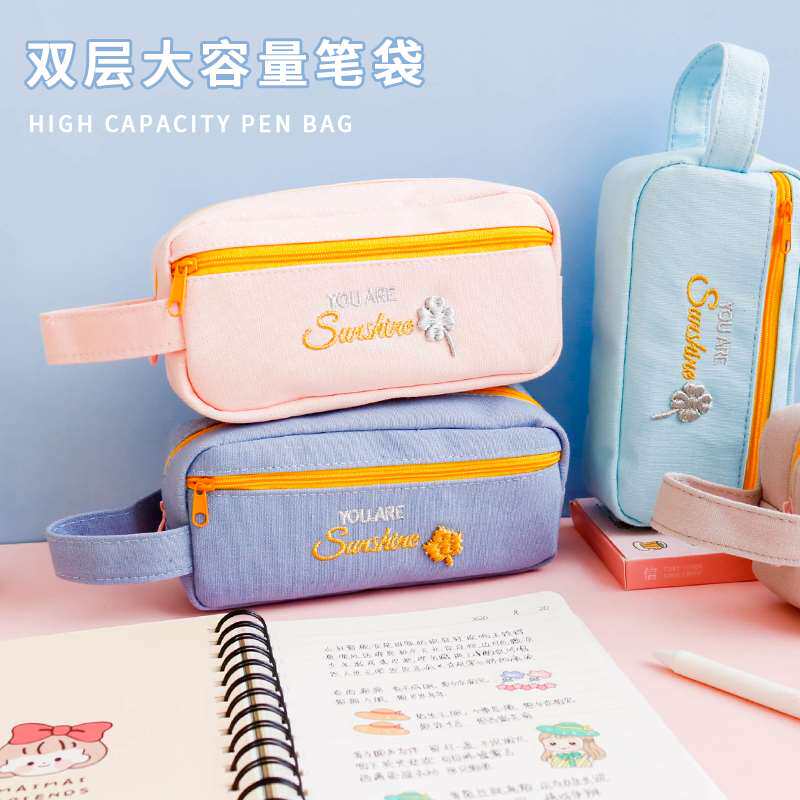 ins微植物语大容量帆布笔袋 手提便携个性学生用刺绣收纳文具袋盒