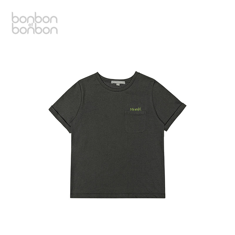 bonbon et bonbonT恤儿童翻折边趣味刺绣绣花T恤夏季中性风短袖新