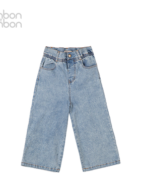 bonbon et bonbon儿童牛仔裤儿童女浅蓝色牛仔阔腿裤复古木耳边腰
