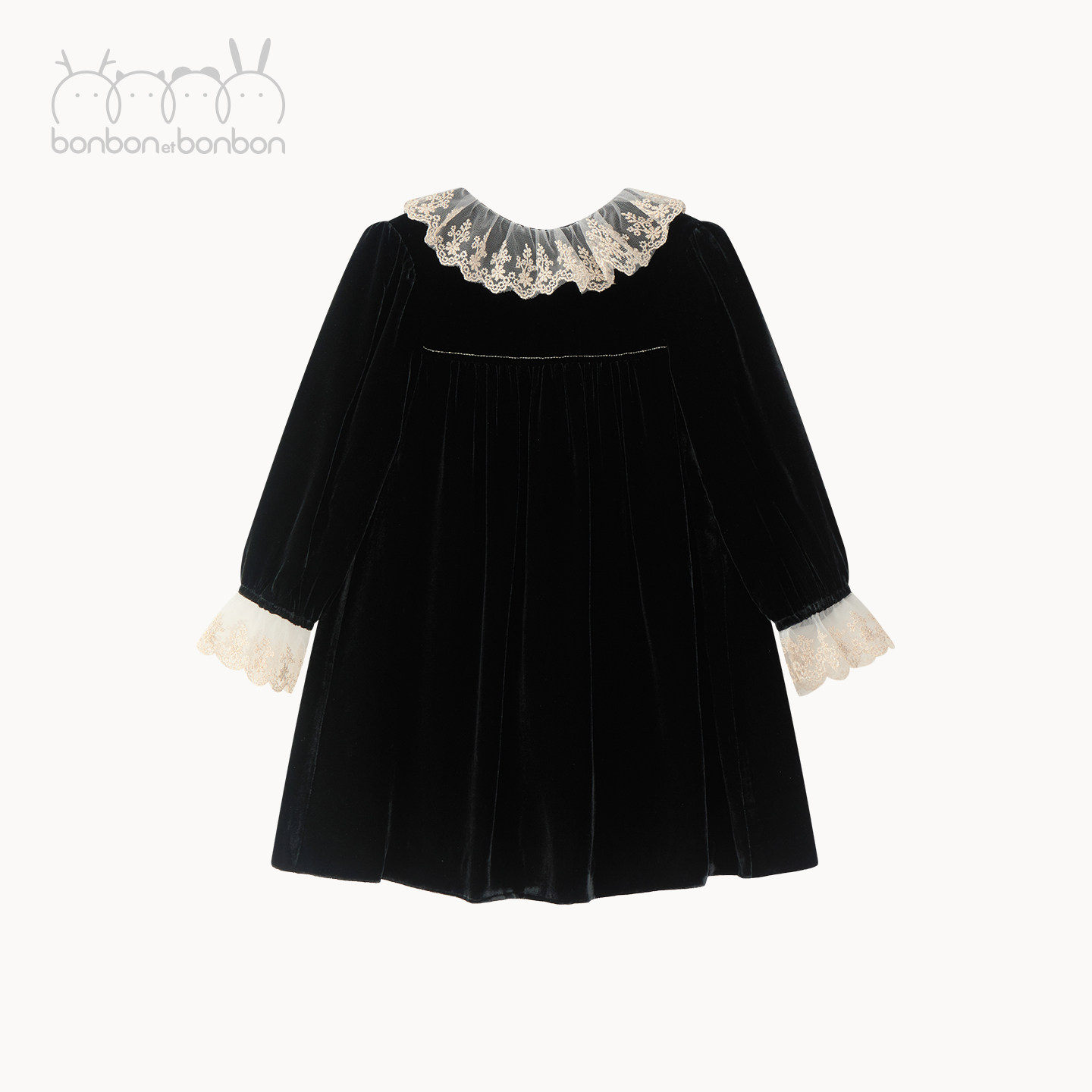 bonbon et bonbon儿童女高级丝绒礼服裙蕾丝金线花边袖口花边