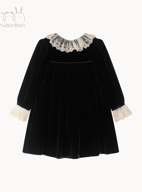 bonbon et bonbon儿童女高级丝绒礼服裙蕾丝金线花边袖口花边