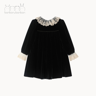 口花边 bonbon儿童女高级丝绒礼服裙蕾丝金线花边袖 bonbon