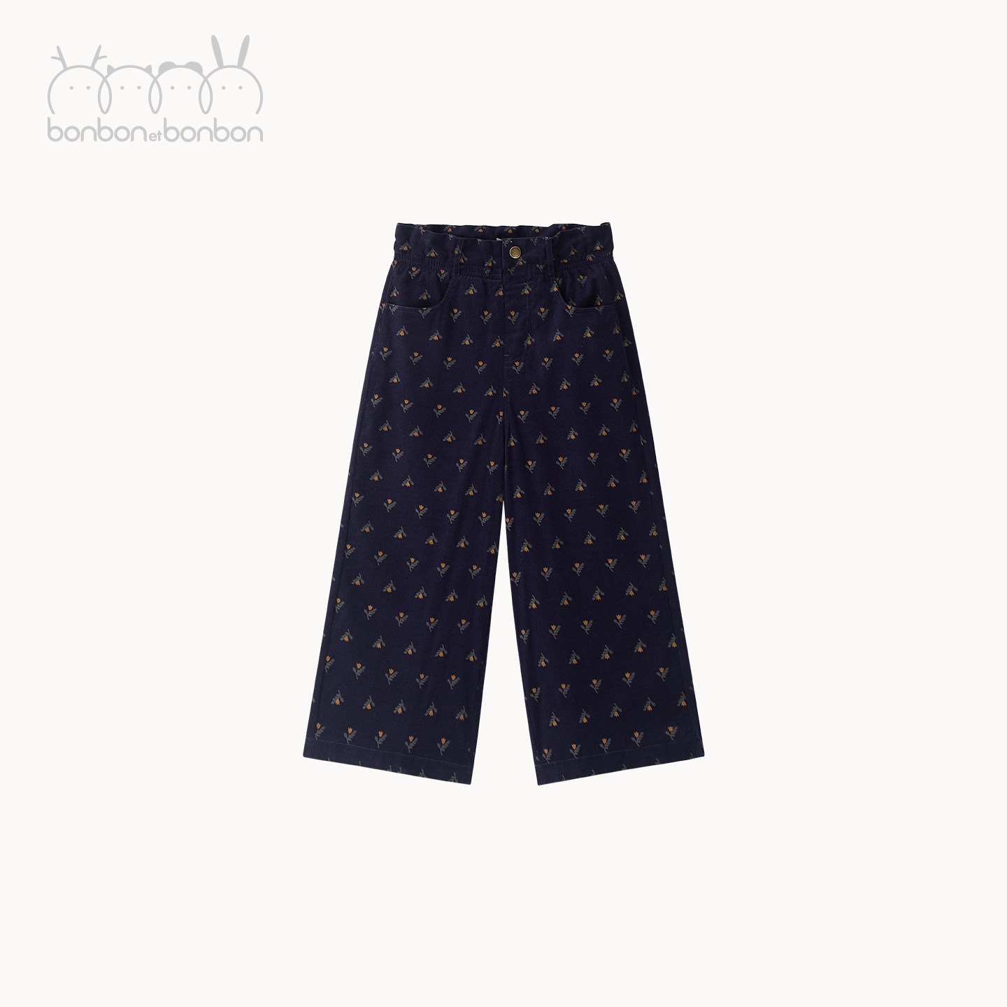 bonbon et bonbon儿童100%棉文艺风藏青灯芯绒碎花阔腿裤秋冬新品