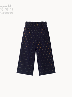 bonbon et bonbon儿童100%棉文艺风藏青灯芯绒碎花阔腿裤秋冬新品