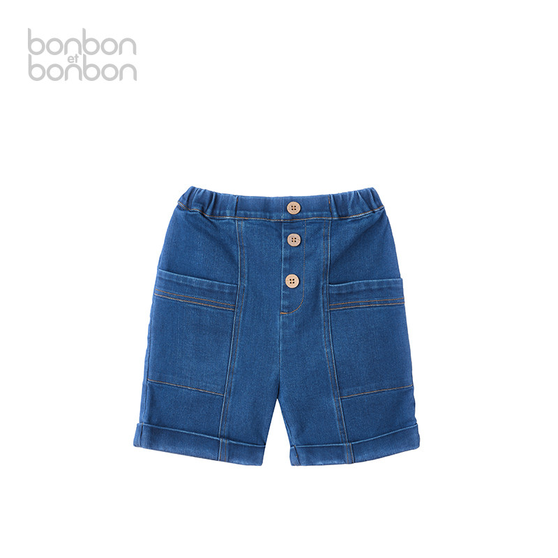 bonbon et bonbon裤子儿童深蓝色翻折边大口袋丹宁牛仔短裤时髦百