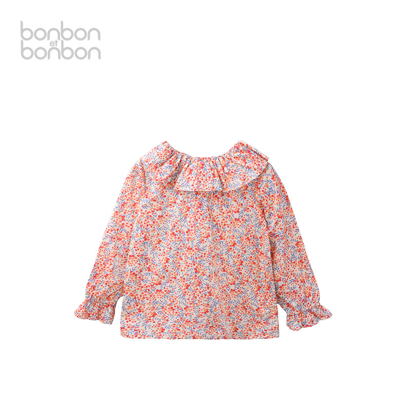 bonbon et bonbon衬衫女童纯棉小浆果碎花荷叶边上衣轻薄柔软舒适