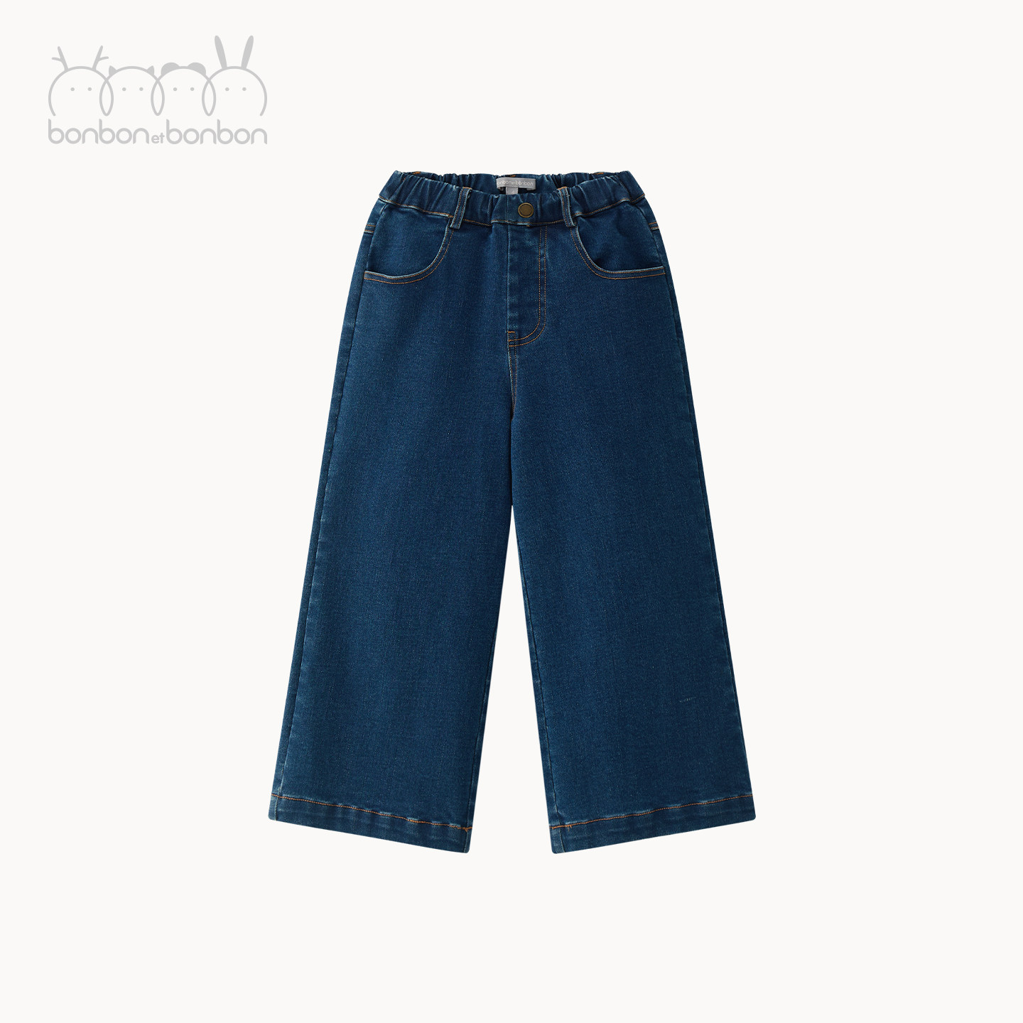 bonbon et bonbon儿童经典复古蓝调薄绒阔腿牛仔裤弹力腰头
