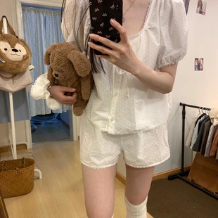 短裤 2025年夏季 少女甜美风蕾丝花边设计睡衣女短袖 新款 居家服套装