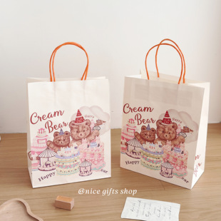 法式 复古奶油小熊牛皮纸袋ins风烘焙蛋糕打包袋礼品袋精致手提袋