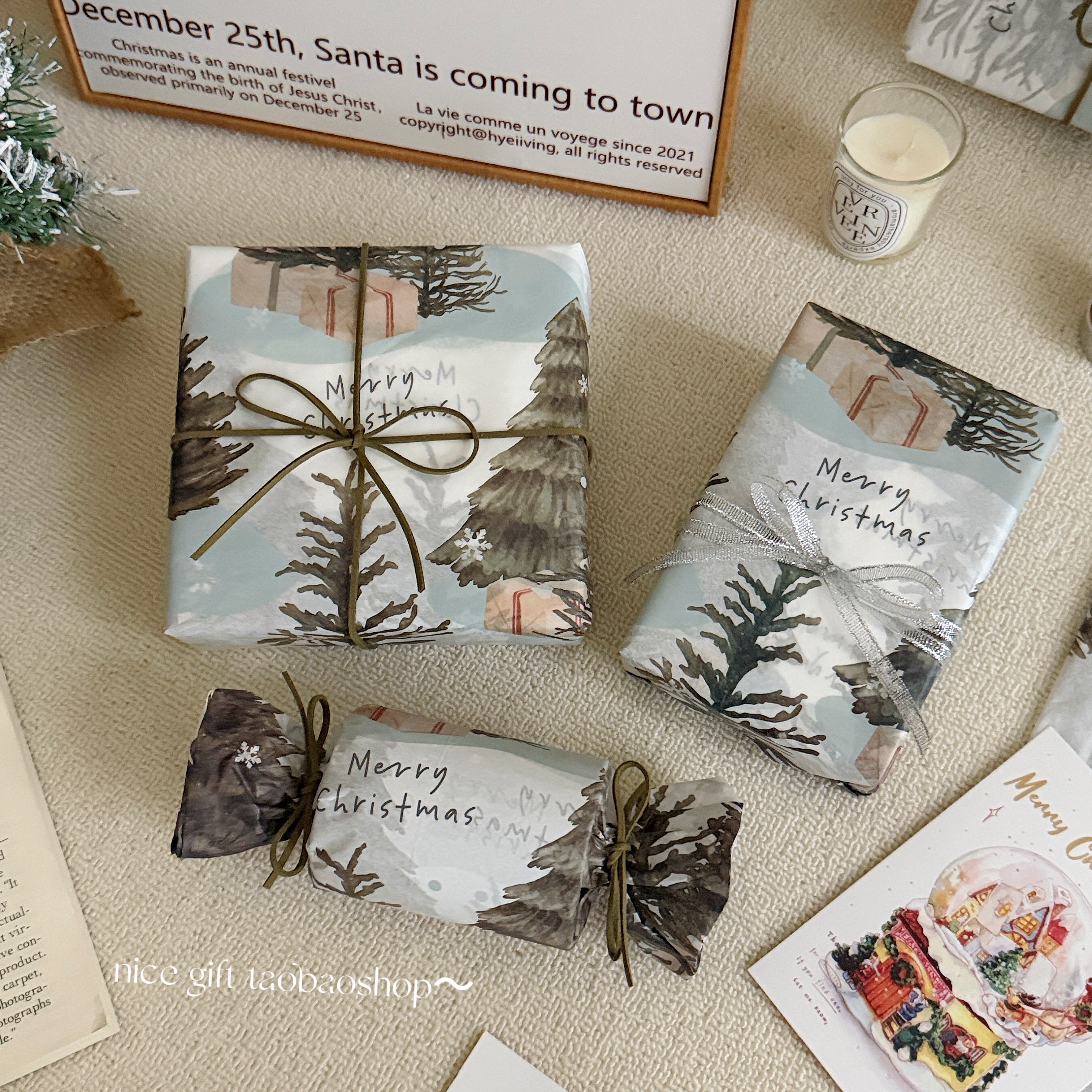 ins圣诞绿色雪松树雪梨纸氛围感节日礼品包装纸平安夜烘焙打包纸