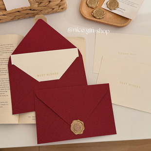 婚礼进行曲~浪漫酒红色加厚麻布信封套装喜庆邀请函信笺手写情书