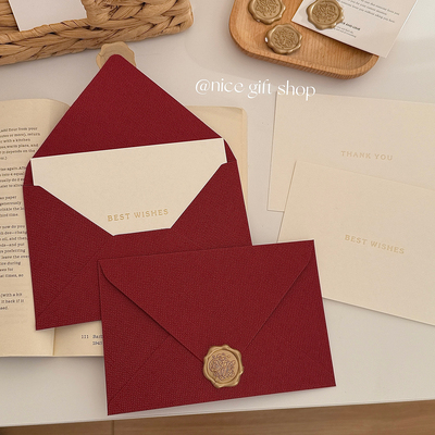 高级感酒红色信封邀请函