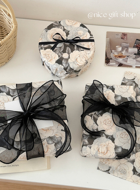 浪漫高级感黑色山茶花雪梨纸ins小香风节日礼物包装纸高颜值花纸