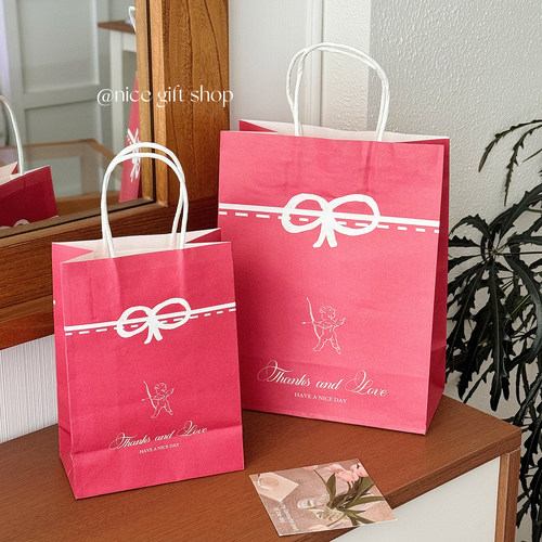 红色浪漫蝴蝶结手提袋ins爱神丘比特礼物打包袋婚礼伴手牛皮纸袋