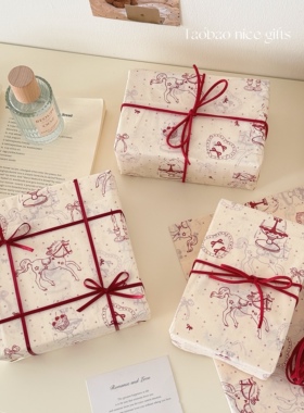 马上好运~新年红色复古小马雪梨纸节日创意礼物包装礼品纸内衬纸