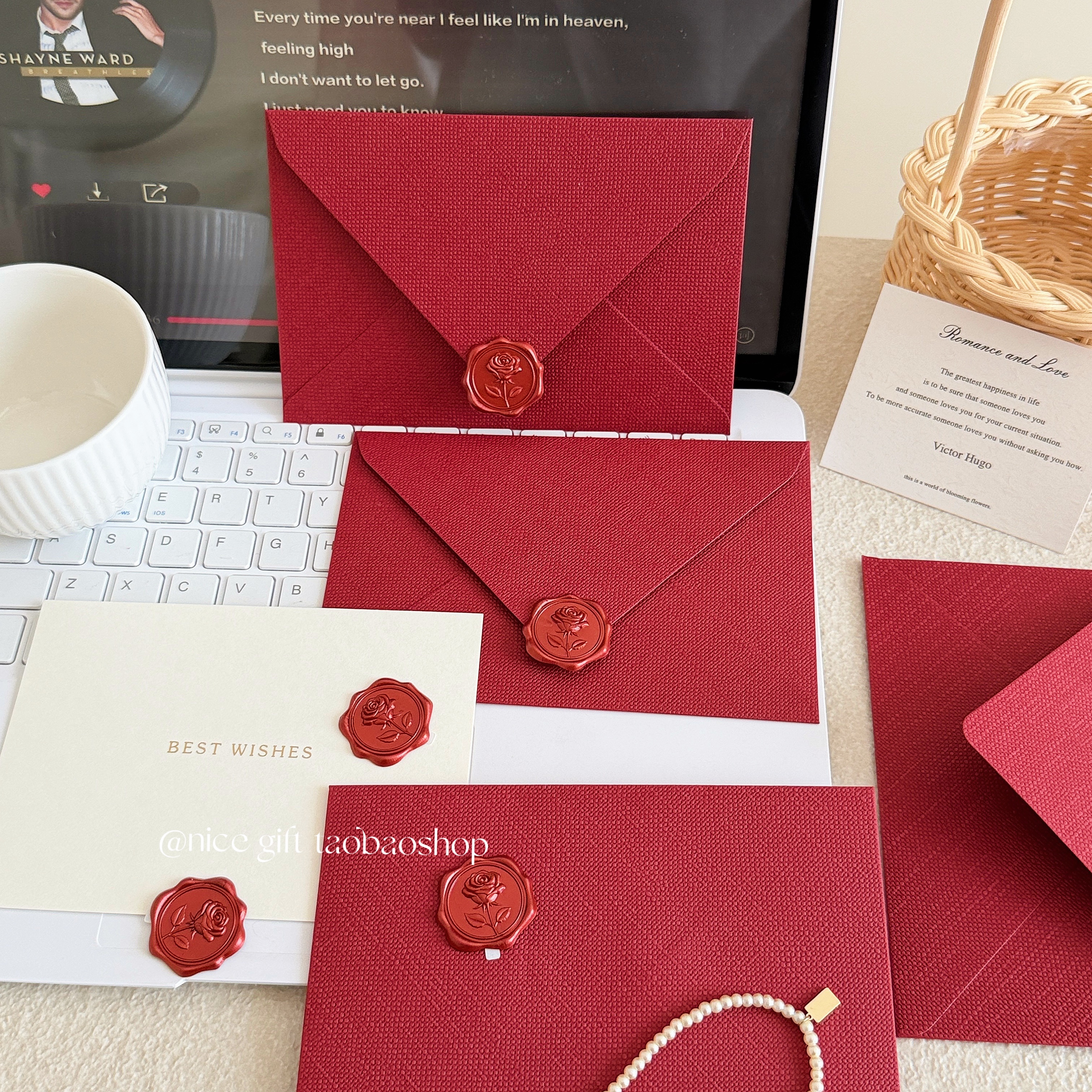 浪漫邀请函~酒红色麻布信封套装情侣手写情书信笺婚礼邀请函贺卡