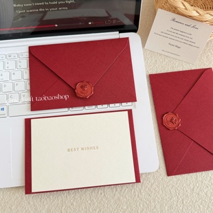 浪漫邀请函 情侣手写情书信笺婚礼邀请函贺卡 酒红色麻布信封套装