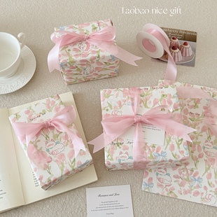 浪漫粉色郁金香小猫包装 纸花艺烘焙送女友 纸ins温柔节日礼物包装