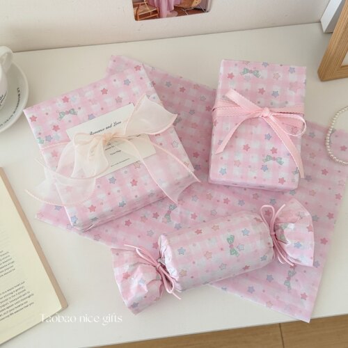 少女心粉色格子星星雪梨纸ins高颜值礼品包装纸出卡内衬纸送女友