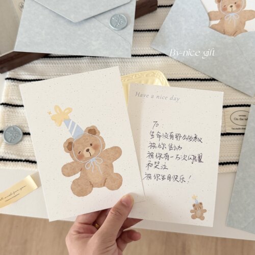 可爱星星帽小熊~原创卡通小熊手写卡片节日礼品卡祝福语留言卡ins