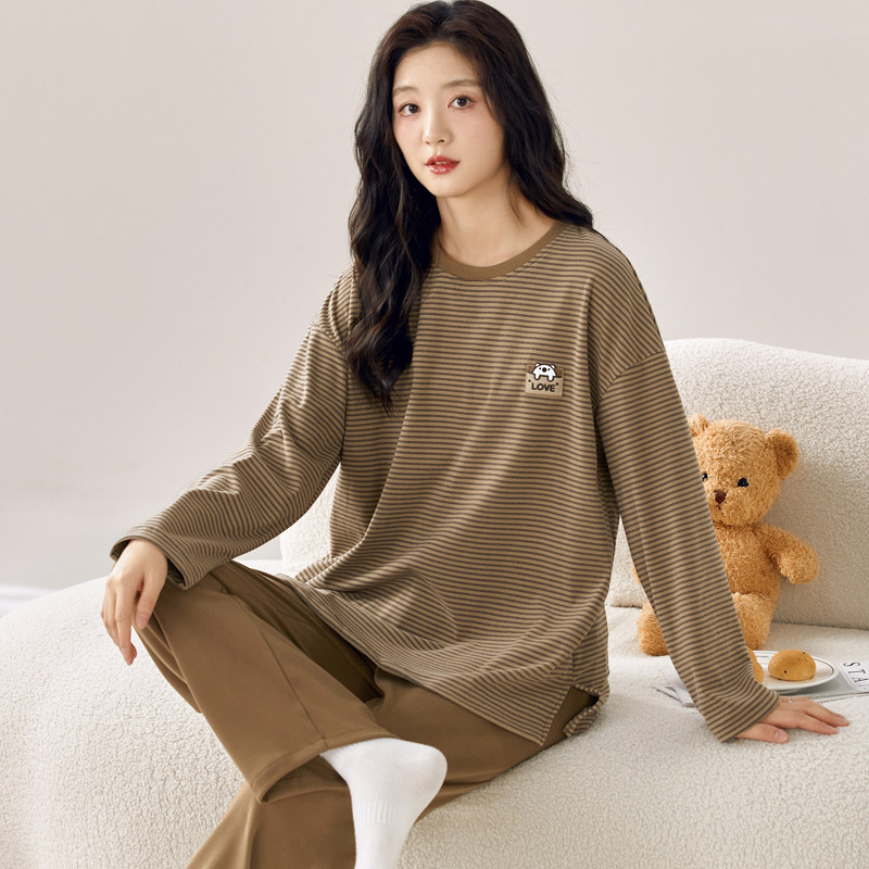 睡衣女士春秋季德绒长袖套装薄绒懒惰风简约条纹纯色家居服秋冬款