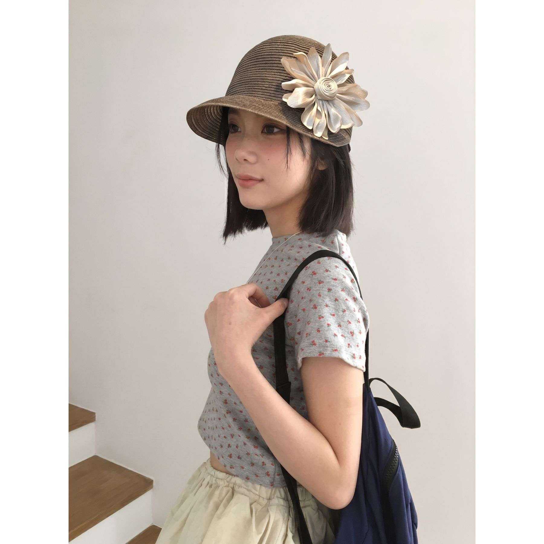 自制小众法式复古花朵遮阳草帽女