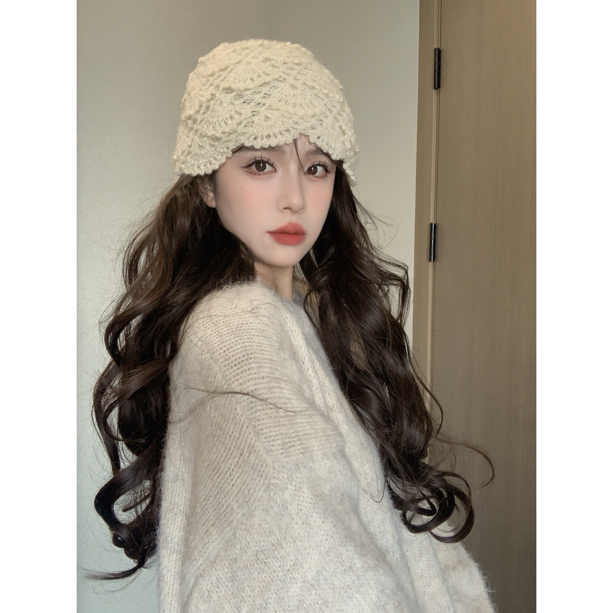 复古手工钩花针织冷帽女