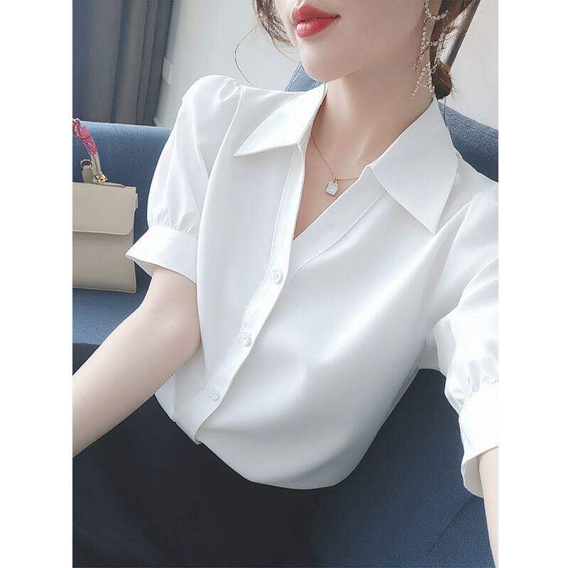白色V领短袖衬衫女夏季新款大码