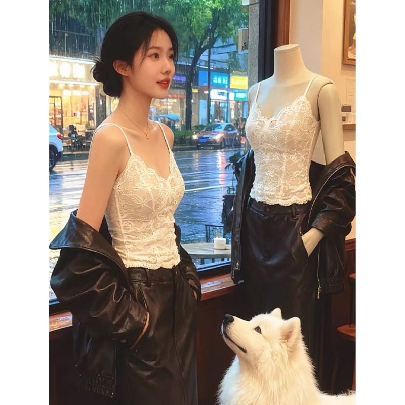 法式蕾丝吊带背心女带胸垫美背西装内搭性感文胸一体打底辣妹上衣