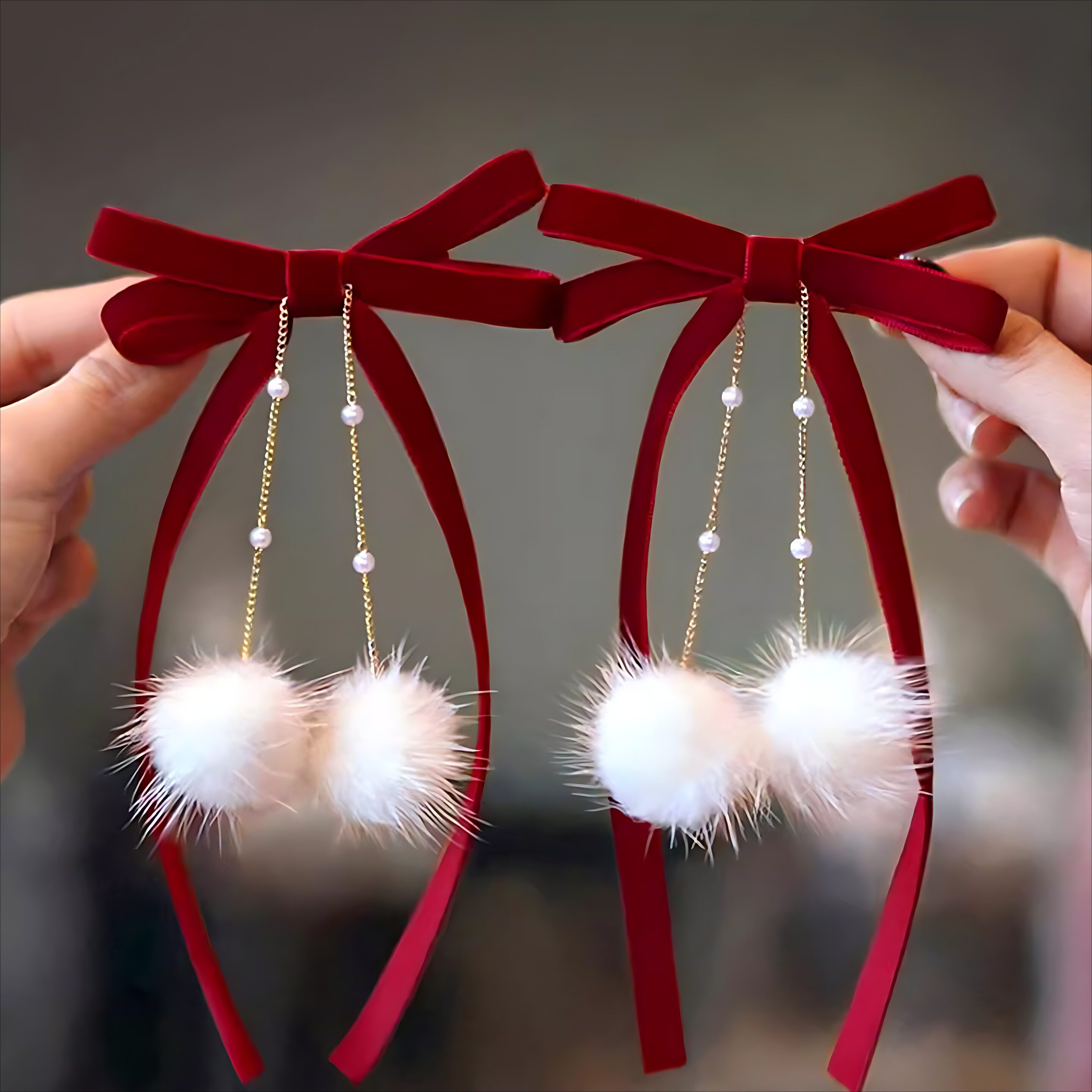 儿童洋气头花小女孩新年布艺蝴蝶结飘带发夹毛绒流苏对夹中式头饰