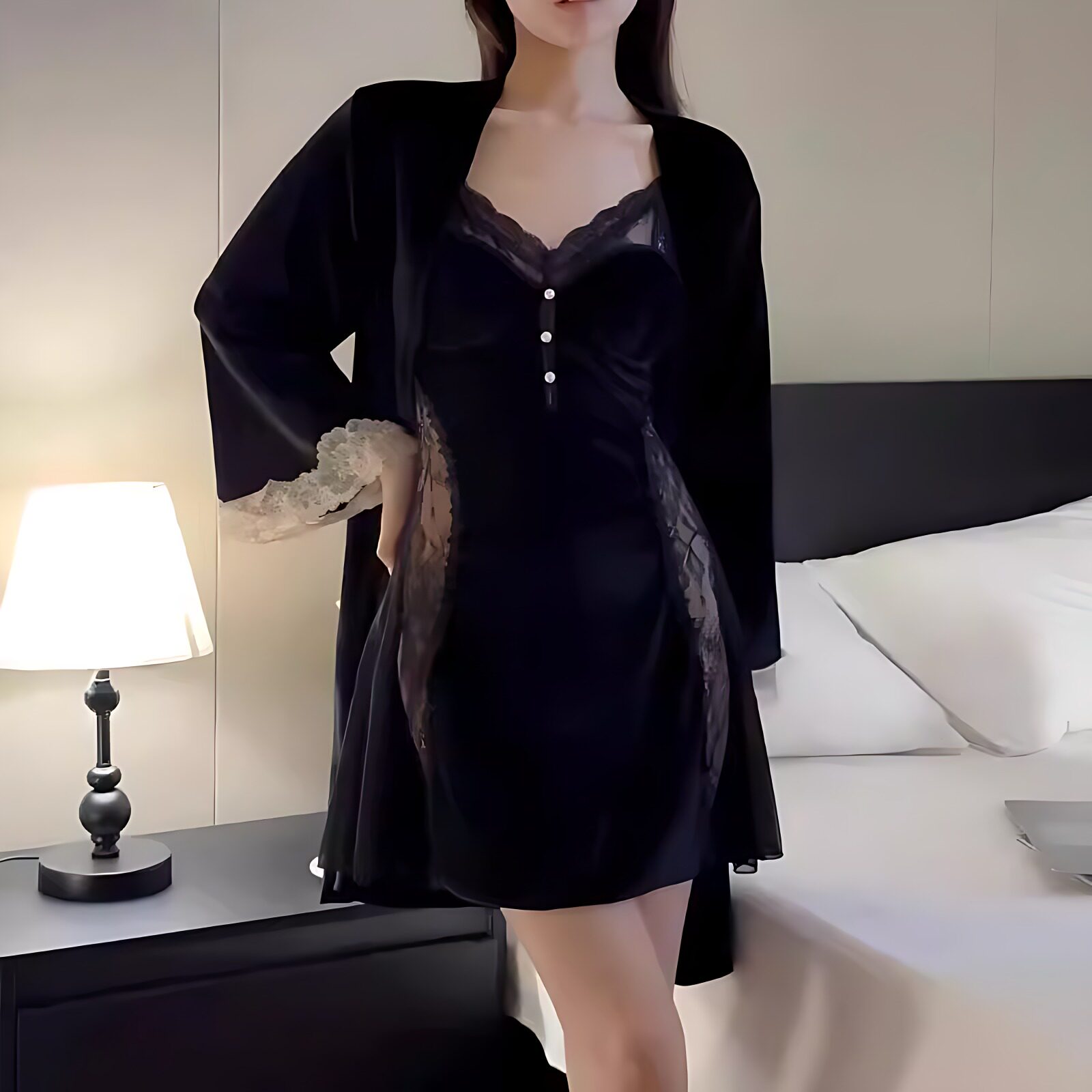 金丝绒V领睡衣女两件套