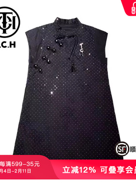 TCH潮牌新中式系列重工烫钻气质时尚黑色连衣裙T72B30E9023