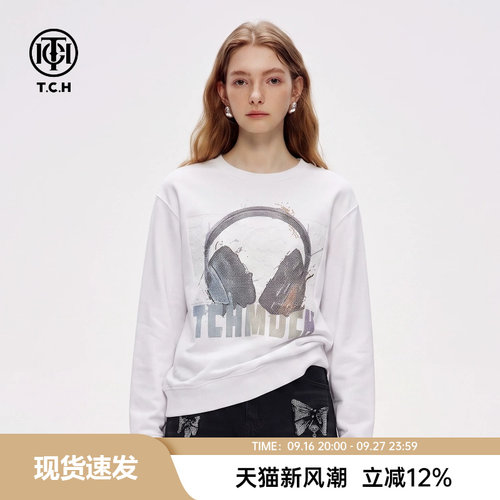 TCH【时尚潮流】春款时尚耳机烫钻白色休闲风女装T恤T78A11B9001