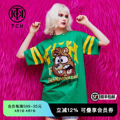 TCH潮牌短袖T恤烫钻小松鼠字母春秋新款个性潮流T69B106065