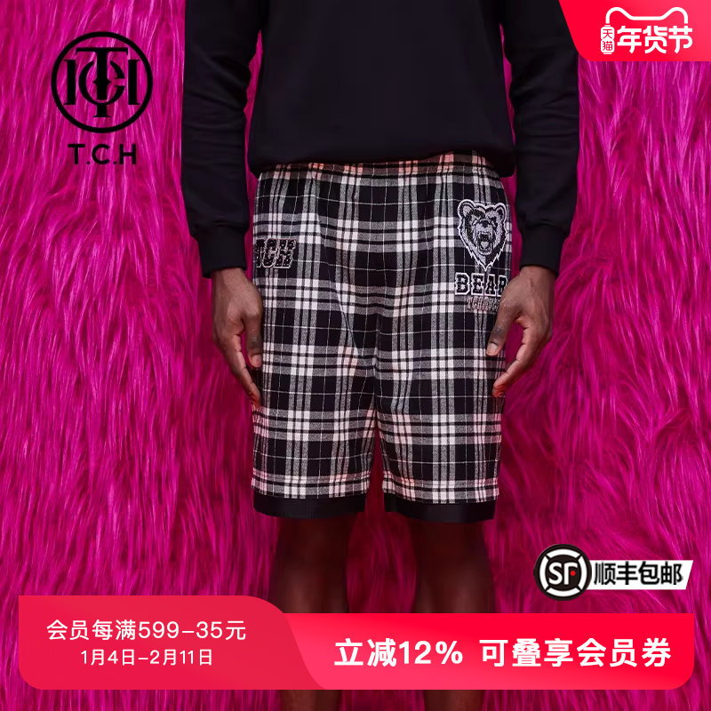 TCH潮牌轻奢潮牌大C短裤咆哮熊烫钻黑白格子休闲男女款T69B216017,男装,休闲裤,淘宝优惠券,粉丝福利购,淘宝优惠卷