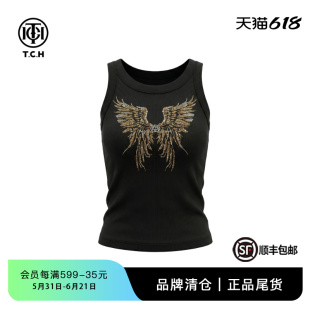 TCH黑色烫钻翅膀修身吊带背心女装显瘦内搭外穿百搭无袖上衣