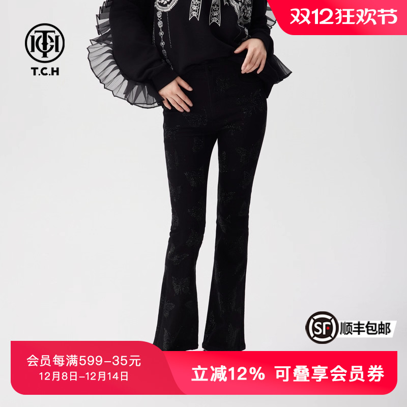 TCH潮牌微喇叭牛仔裤女春秋新款蝴蝶烫钻修身显瘦T72C208005