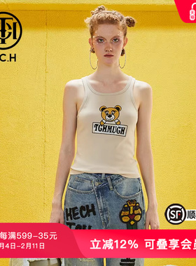 TCH潮牌背心烫钻小熊字母夏季新款女士米色上衣T69B036001