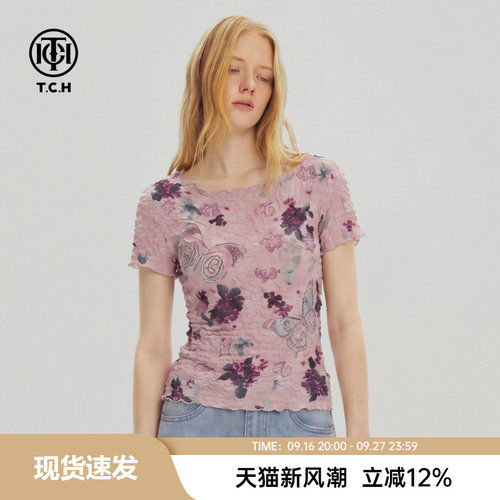 烫钻花朵褶皱短袖T恤圆领上衣