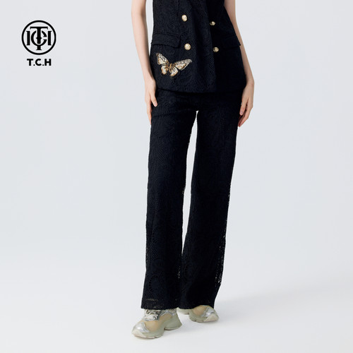TCH轻奢烫钻蕾丝款时尚百搭休闲直筒长裤女春秋T72C206126