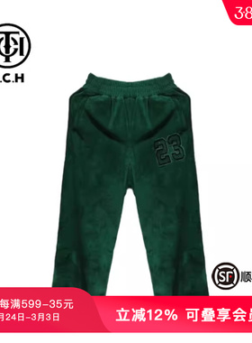TCH春秋时髦百搭烫钻宽松字母绒绒串标绿色长裤T72A20E6021