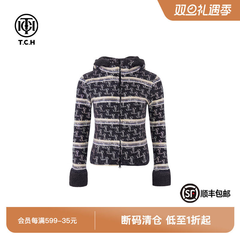 TCH私服烫钻字母休闲保暖长袖连帽针织开衫秋冬新款T72C43E5096