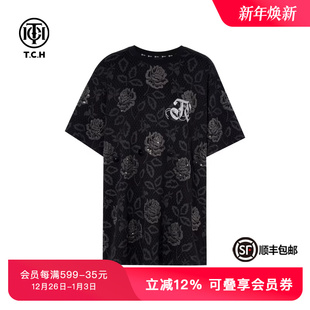 TCH轻奢连衣裙烫钻时尚 黑色玫瑰高级感宽松休闲T恤裙女T75B306052