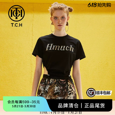 TCH潮牌T恤烫钻字母个性收腰春秋新款女士黑色短袖T69B106043