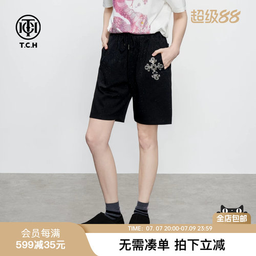 TCH烫钻满印宽松弹力束腰休闲百搭五分短裤男女同款夏季新款
