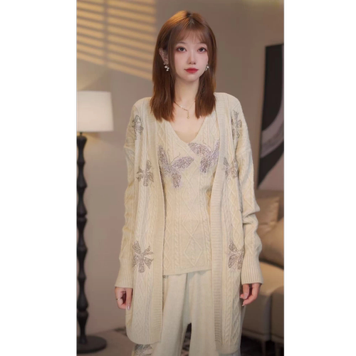 TCH26早秋慵懒风针织套装女吊带背心针织开衫阔腿休闲长裤三件套