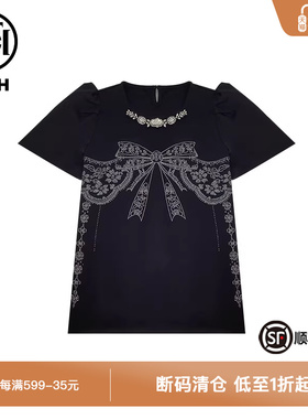 TCH新中式系列烫钻时尚黑色蝴蝶结手工短袖T恤T72B10E9078