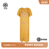 TCH私服烫钻慵懒宽松休闲度假风中长款 亚麻连衣裙女夏T75B30E5192