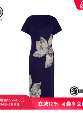 TCH轻奢重工时尚潮牌花卉烫钻蓝色气质连衣裙女夏季T75B30E1192